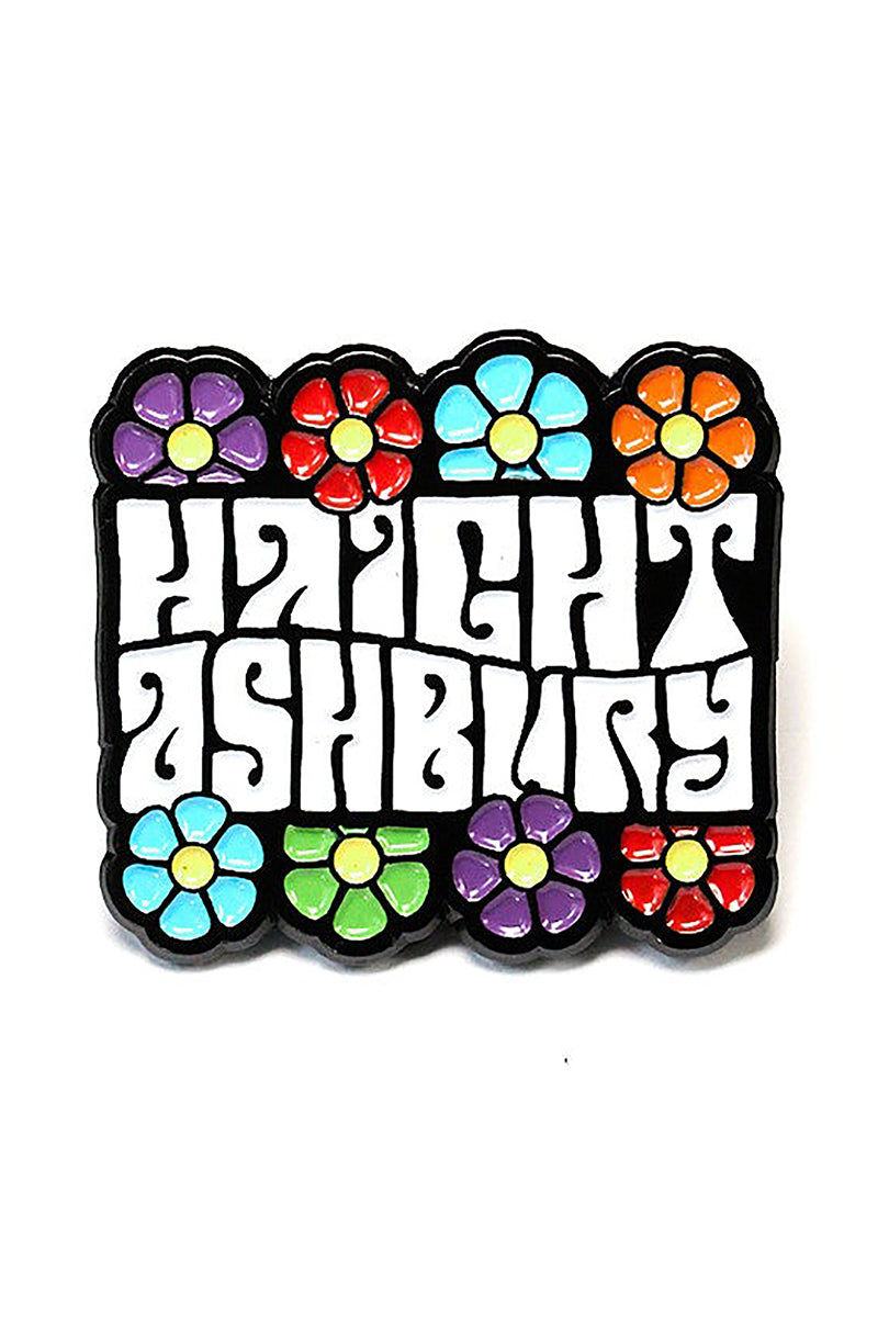 The Haight Ashbury Flowers Pin showcases a retro font with a vibrant floral design border.