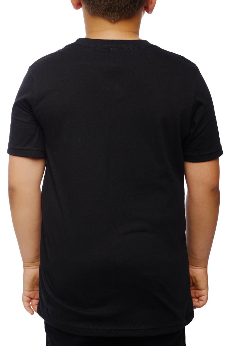 Back view of a child wearing the Youth Black Street Skull Tee, made from 100% cotton, set against a white background.