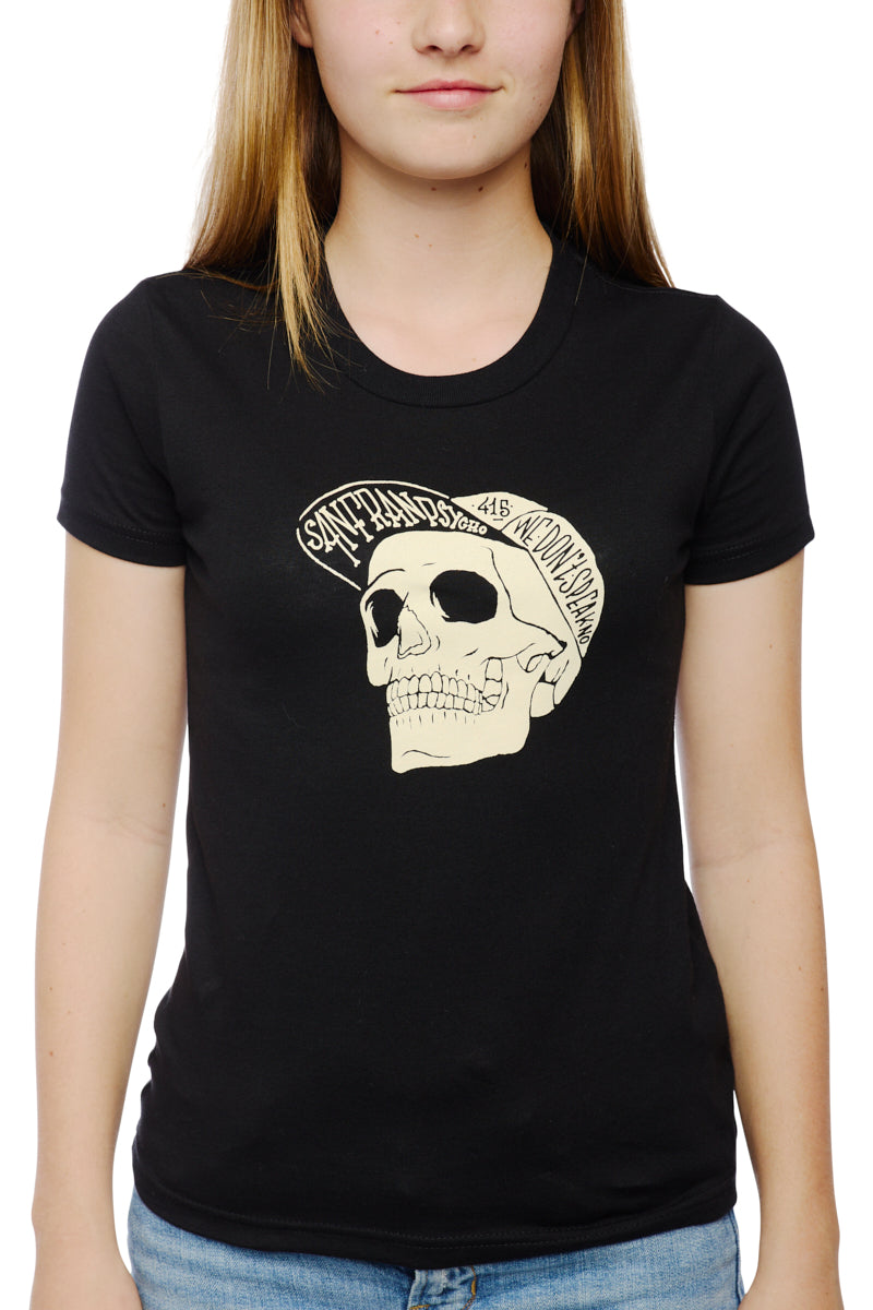 Someone is wearing a Youth Black Street Skull Tee, which showcases a striking skull design and text, making it an excellent match with blue jeans. Crafted from 100% cotton, this tee provides comfort while giving their style an edgy flair.