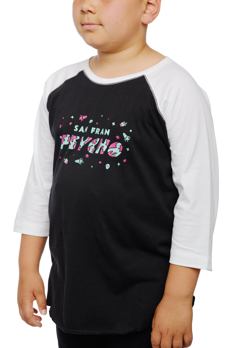 A child wearing the Youth Planet Rock Baseball Tee, which features a San Fran Psychedelic print and small colorful graphics, captures the 90s vibes perfectly.