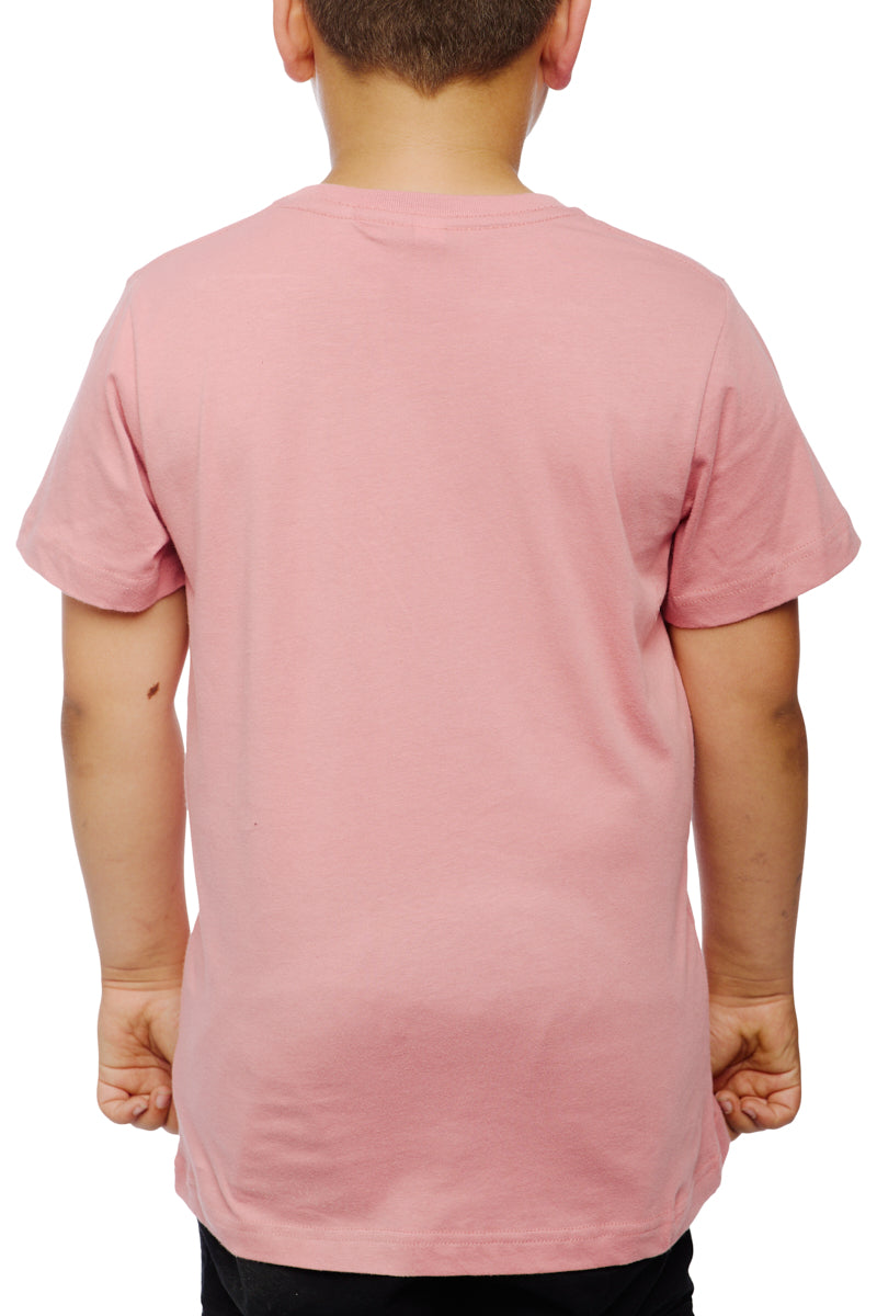 A child, dressed in a pastel pink Youth Sutro Tower Tee crafted from 100% cotton, faces away on a plain white background.