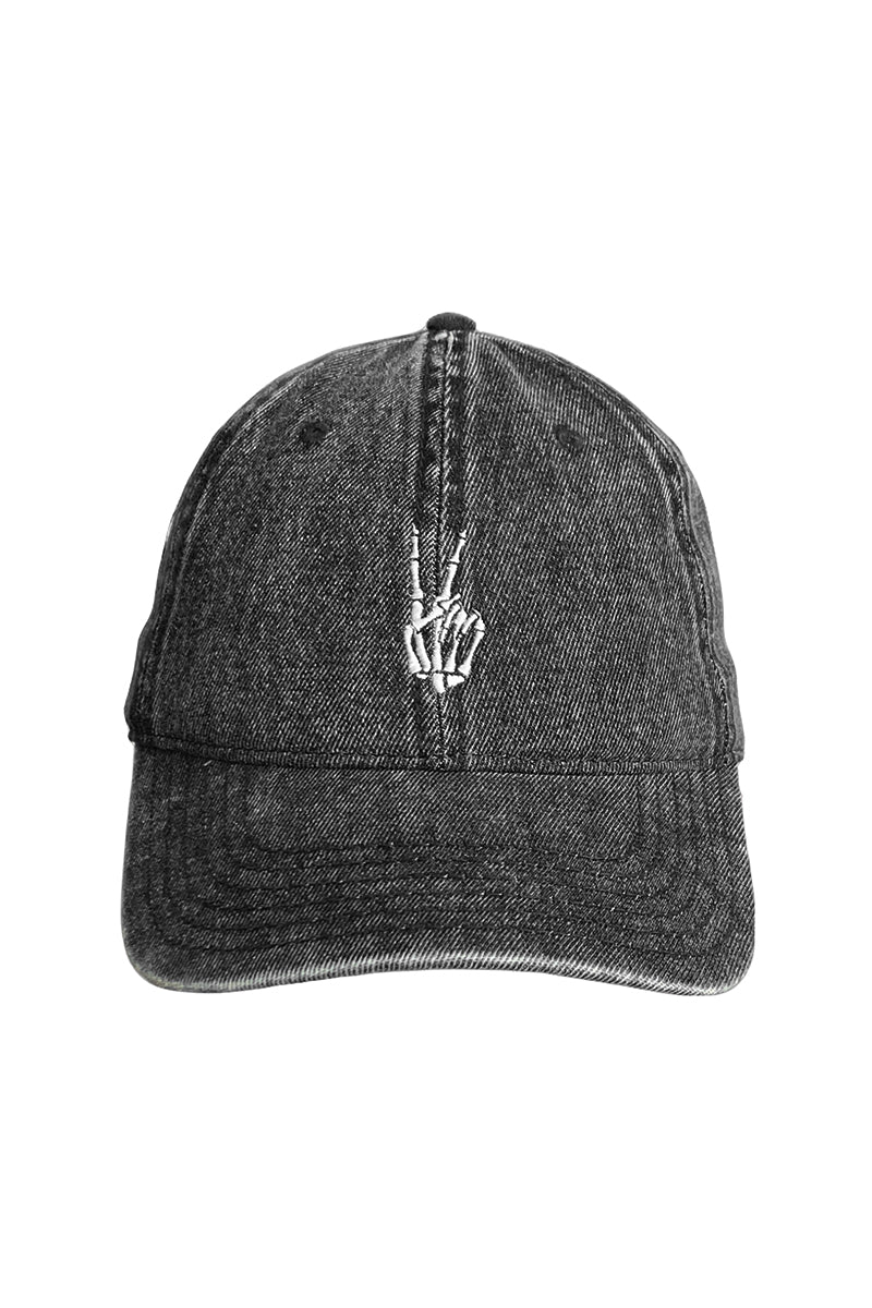 The Black Denim Peace Bones Dad Hat features an embroidered skeleton hand making a peace sign on the front.