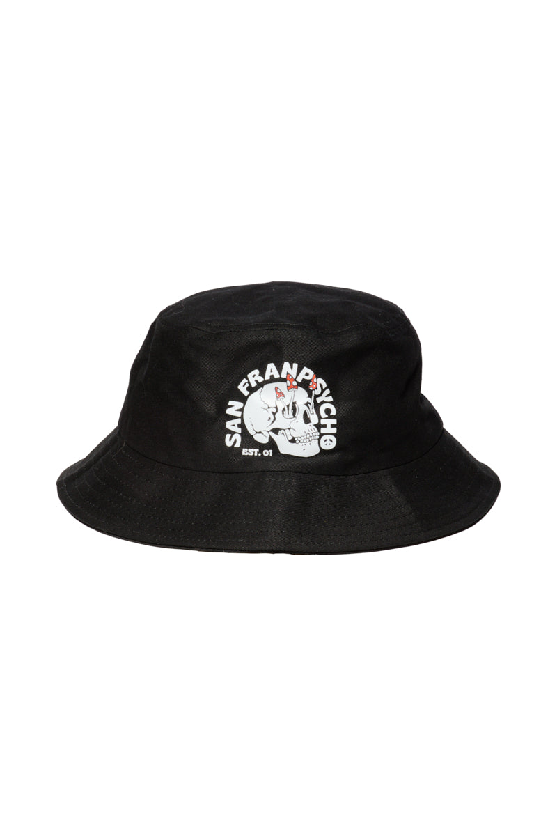 The Shroom Skull Bucket Hat is a black cotton bucket hat adorned with the San Franpsycho Est. 01 logo and features a hand-printed graphic design on the front, making it perfect for showcasing your love for San Francisco.