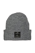 The Zebra Lumberjack Beanie w/ Wet & Wreckless features gray knit, a folded brim, and a black San Franpsycho Wet & Wreckless logo label.