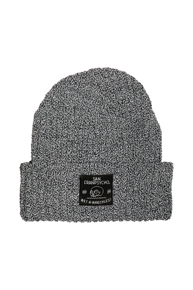 The Zebra Lumberjack Beanie w/ Wet & Wreckless features gray knit, a folded brim, and a black San Franpsycho Wet & Wreckless logo label.