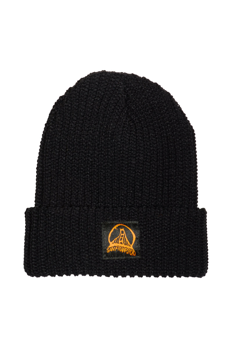 This Black Lumberjack Beanie features an Acid Logo patch and a San Francisco bridge design on its folded brim.
