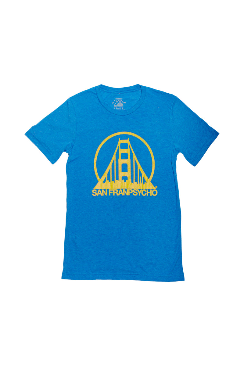 This Blue & Gold Logo Tee, made from 100% combed cotton, showcases a vibrant yellow design of the Golden Gate Bridge and the iconic San Franpsycho text with an exclusive SFP For All design.