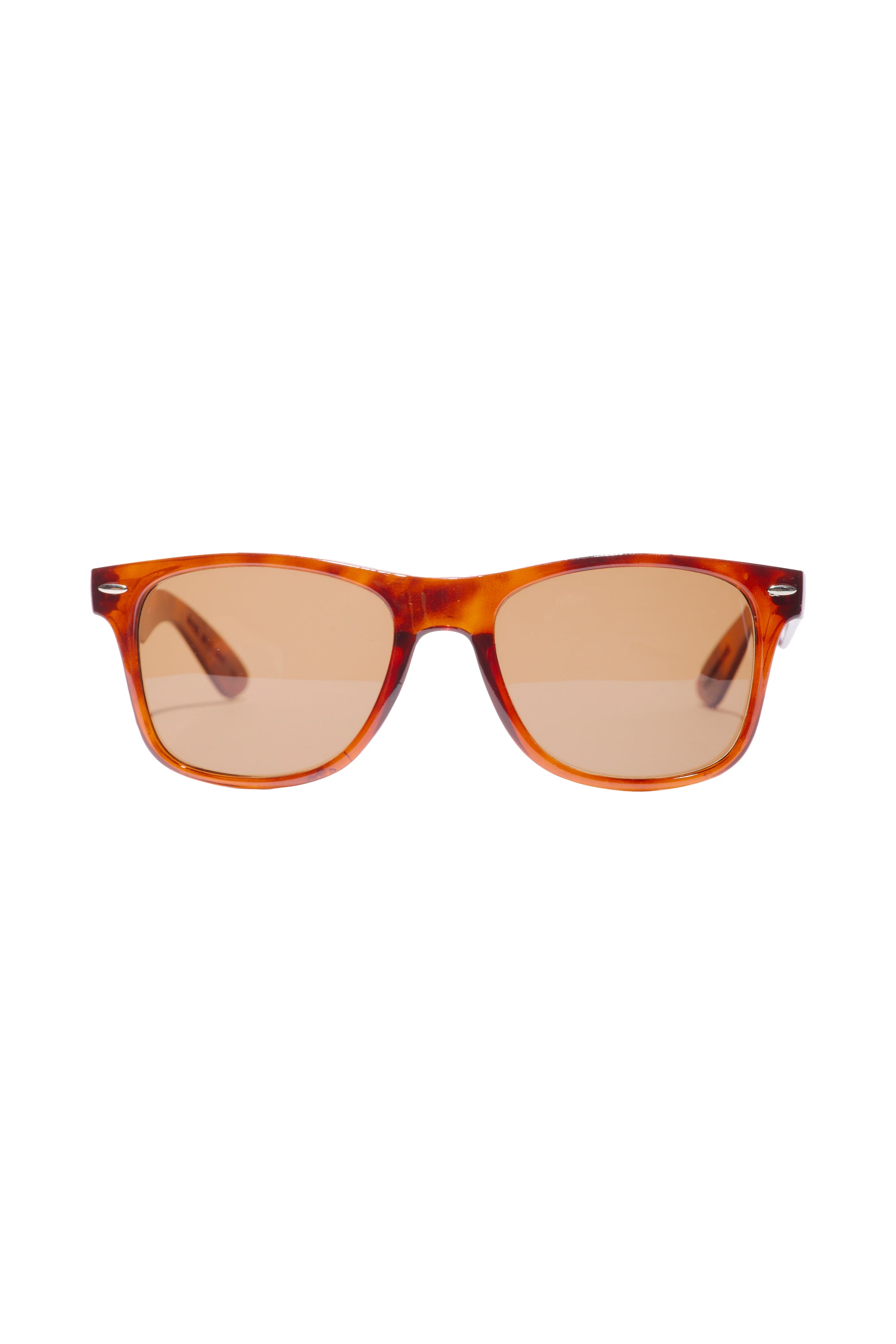 The SFP Sunglasses feature tortoiseshell rectangular frames and amber lenses, providing UV protection, and are showcased on a white background.