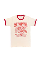 The Candlestick Champs Ringer Tee is a vintage-inspired white T-shirt with red trim, showcasing a football helmet design and the text "San Francisco 5-time champs." It's perfect for celebrating the Niners season in classic ringer tee style.