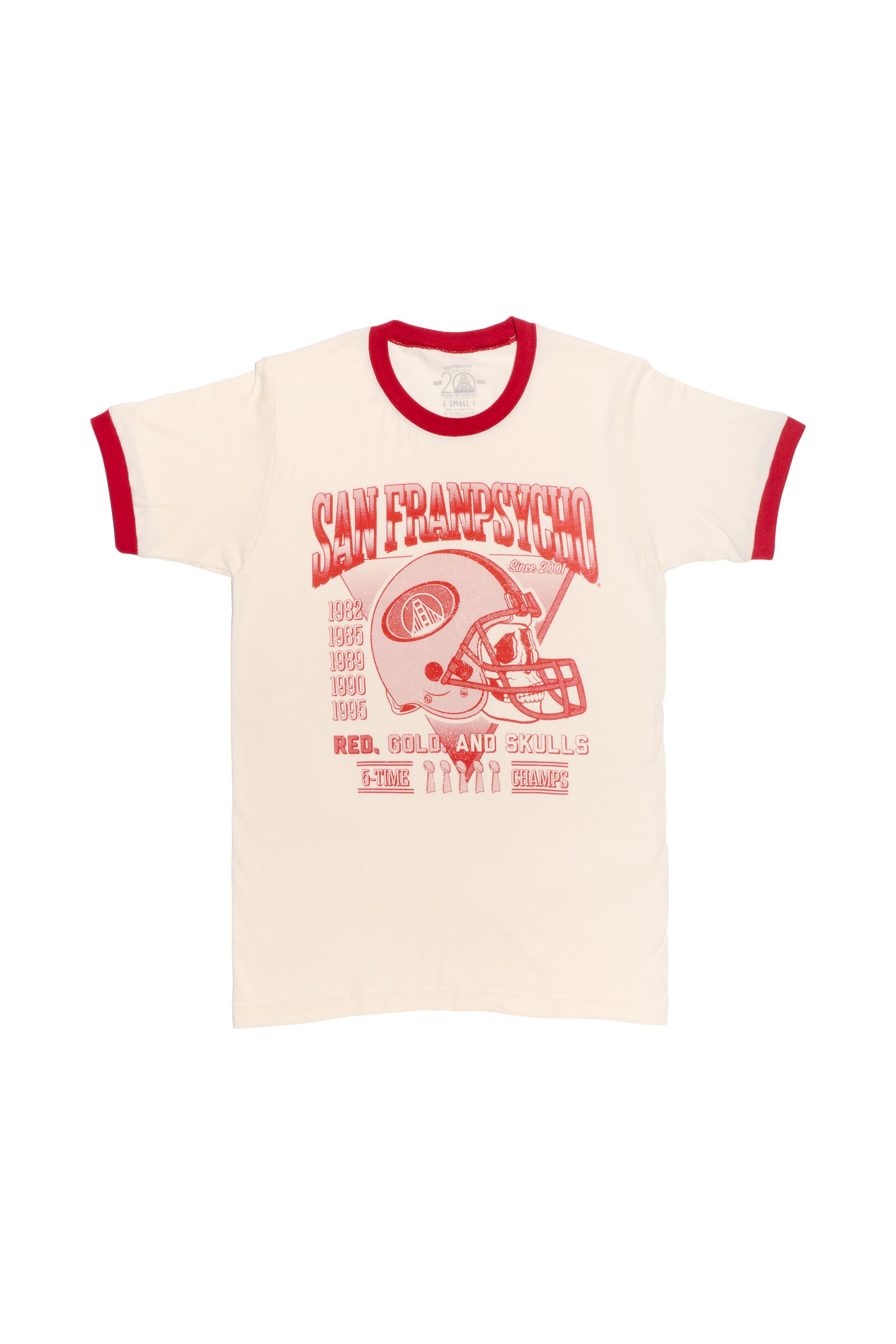 The Candlestick Champs Ringer Tee is a vintage-inspired white T-shirt with red trim, showcasing a football helmet design and the text "San Francisco 5-time champs." It's perfect for celebrating the Niners season in classic ringer tee style.