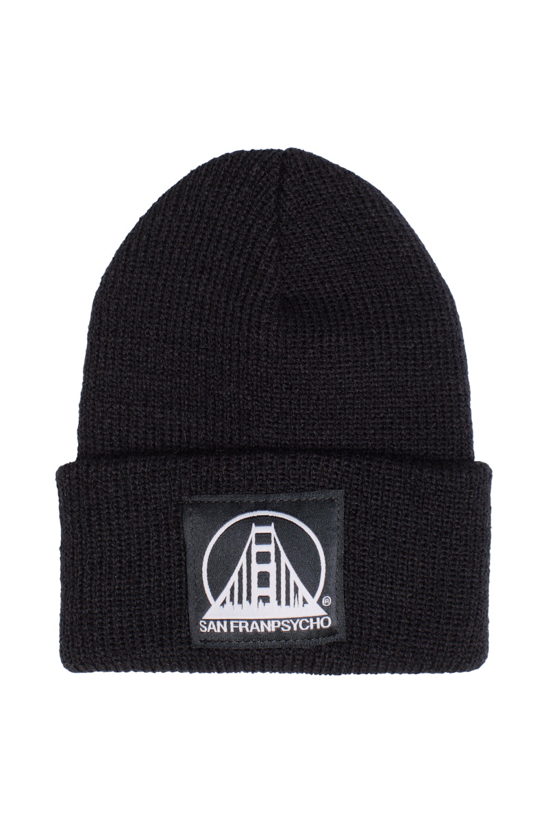 Expertly crafted from 100% acrylic, the Black Baby Beanie with Black/White Logo Patch boasts a stylish design featuring a patch with a bridge graphic and the text San Franpsycho on the front. Ideal for those looking to add both warmth and style to their headwear collection.