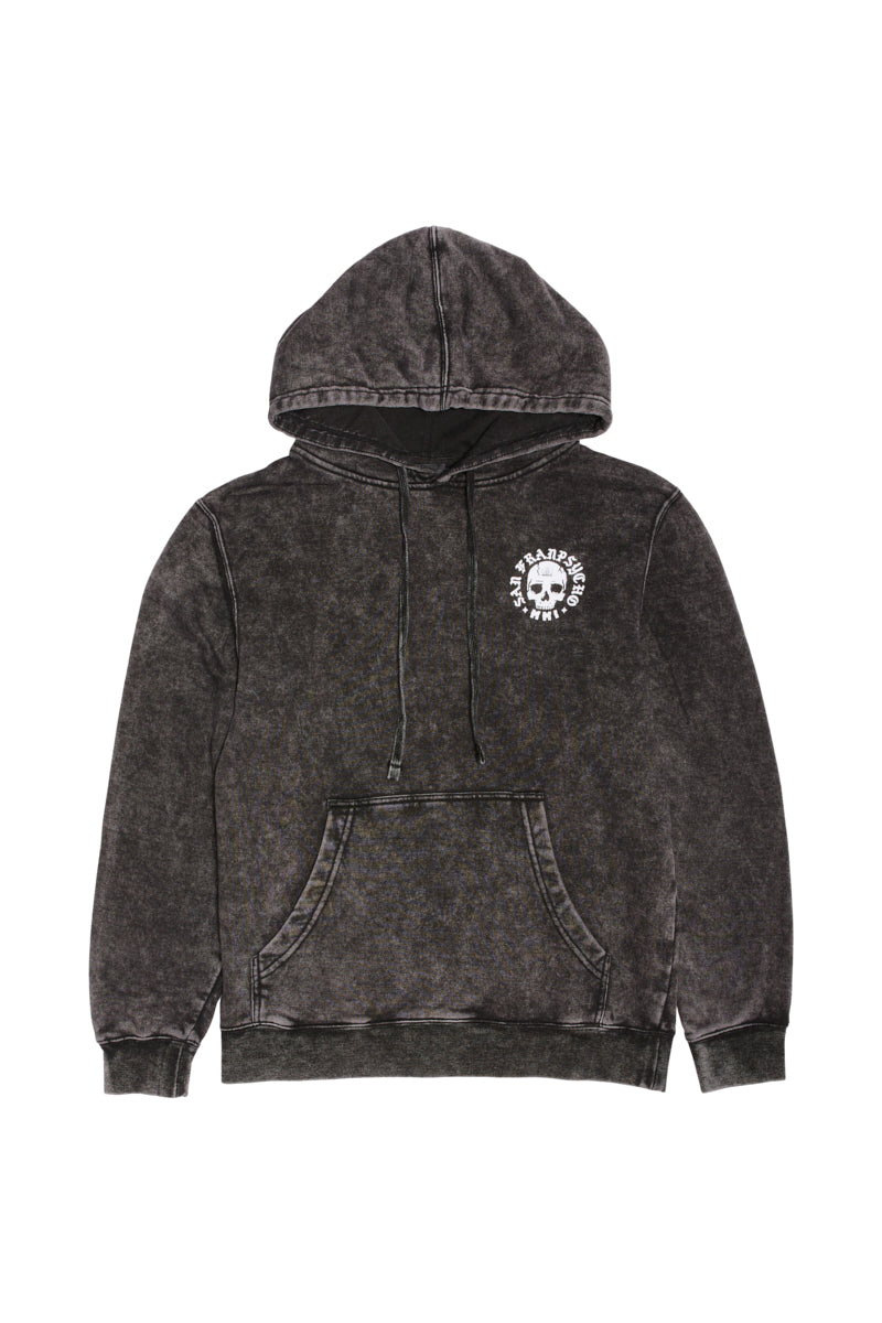 BBNW Skull Pullover Hoodie in black with a washed finish, offering a classic fit and featuring a front pocket, hood, and subtle chest graphic of the BBNW Skull—ideal for showcasing your Punk Rock 2023 vibe.