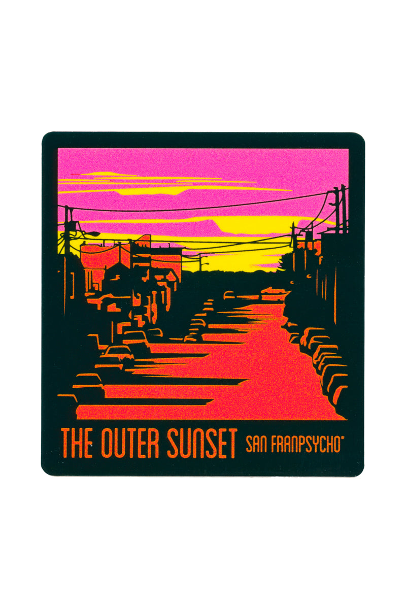 Introducing the Outer Sunset Sticker: a stylized sunset illustration of San Francisco's The Outer Sunset, featuring bold neon colors and silhouetted buildings, crafted as a weatherproof vinyl sticker.