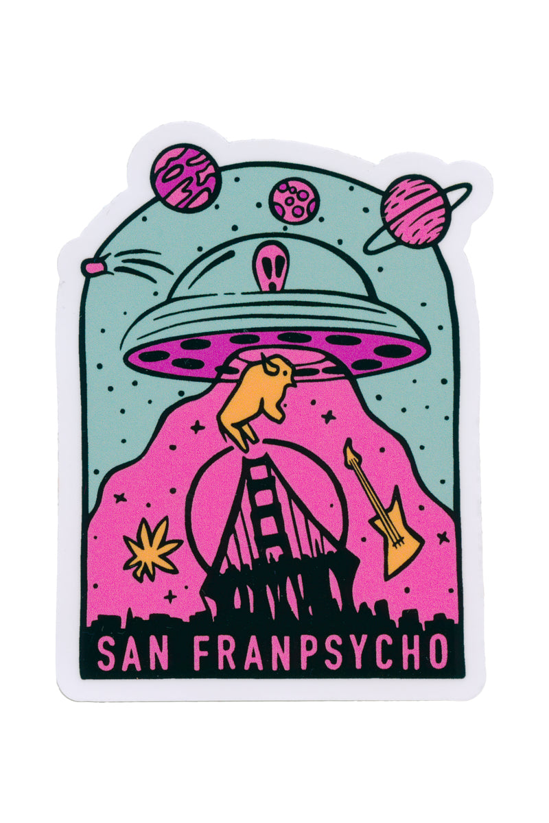 The Psycho Invader Sticker features a vibrant UFO scene with planets, a bridge, and a bear labeled San Franpsycho in bold, capturing the whimsical essence of an invaders adventure.