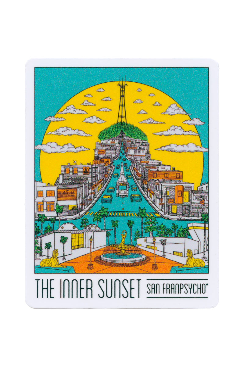 Vivid depiction of The Inner Sunset area featuring a large golden sun and "San Franpsycho" text, artistically rendered on the weatherproof vinyl Inner Sunset Sticker.