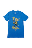 Live by the Three Blue Tee, featuring a cartoon character holding a basketball and the text "Live by the three, die by the three," is crafted from soft cotton fabric. It's perfect for Warriors fans celebrating their team's championship spirit.