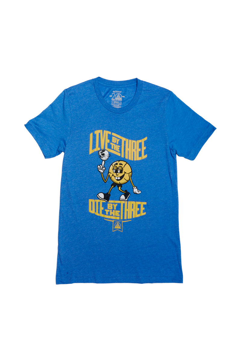 Live by the Three Blue Tee, featuring a cartoon character holding a basketball and the text "Live by the three, die by the three," is crafted from soft cotton fabric. It's perfect for Warriors fans celebrating their team's championship spirit.