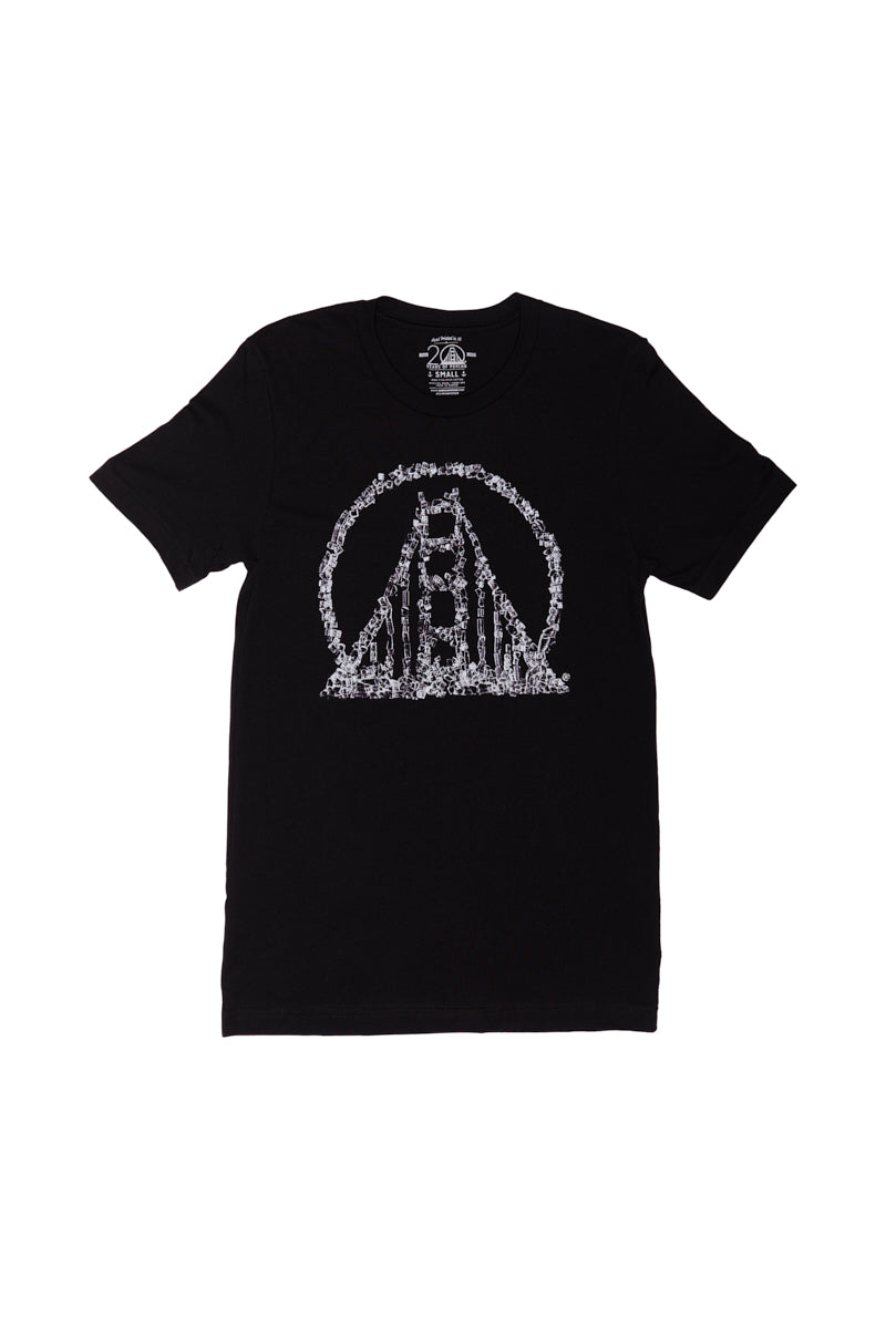 Embrace the edgy style of the Fall Punk Rock 2023 vibe with the Shatter Logo Tee, featuring a black T-shirt adorned with a white graphic resembling a bridge inside a circle. This design seamlessly fuses classic punk aesthetics for an effortlessly cool look.
