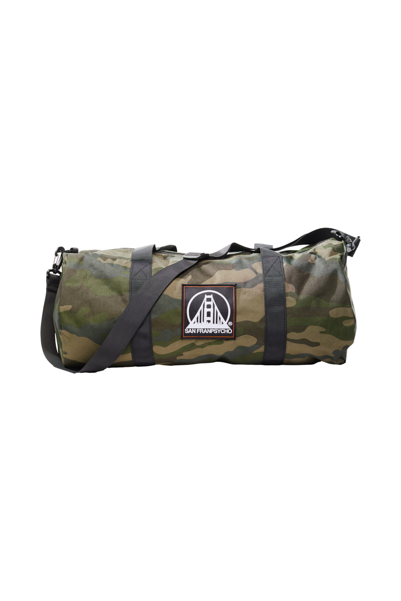 SFP Patched Duffle Bag made from durable polyester, with a removable shoulder strap and a striking white logo on the front.