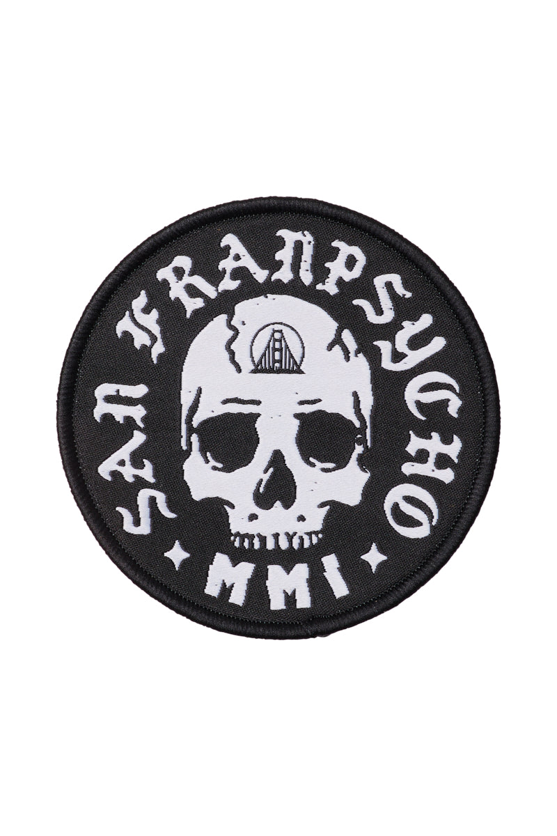 The Punk Skull Patch is a round embroidered patch with a skull logo, San Franpsycho text, and MMI Roman numerals on a black background.
