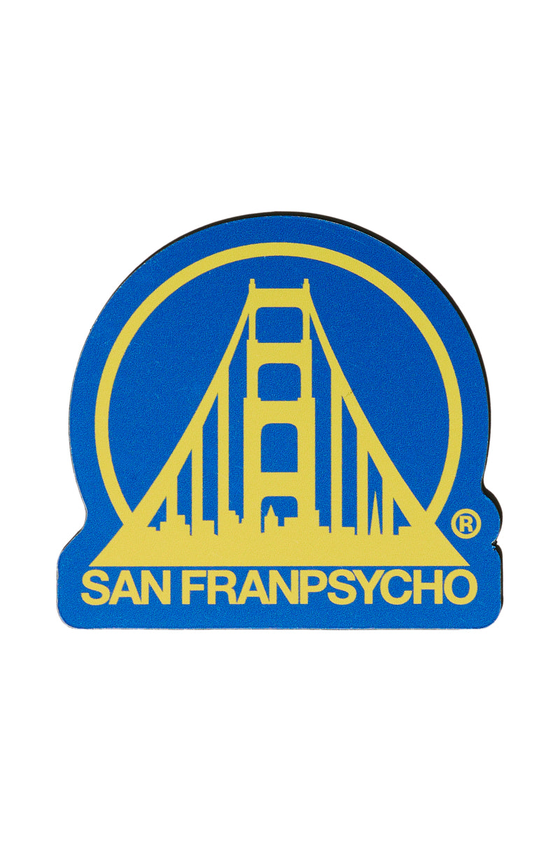 The SFP Logo Magnet showcases the iconic San Franpsycho logo with a stylized Golden Gate Bridge in vibrant yellow set against a blue background, now available in a sleek design with just 1mm thickness.