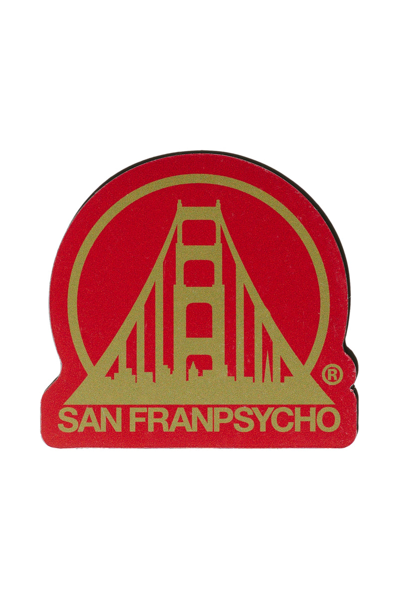 SFP Logo Magnet featuring a red and gold classic logo with a stylized bridge, "San Franpsycho" text, and a 1mm thick magnet backing.