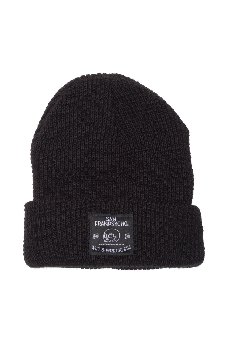 The Black Waffle Beanie w/ Wet & Wreckless is designed with a folded brim and prominently features a patch that reads San Franpsycho and Wet & Wreckless.