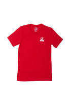 Hand-printed Red & Gold Street Skull Tee crafted from cotton, featuring a small white chest logo depicting a building and a triangle.