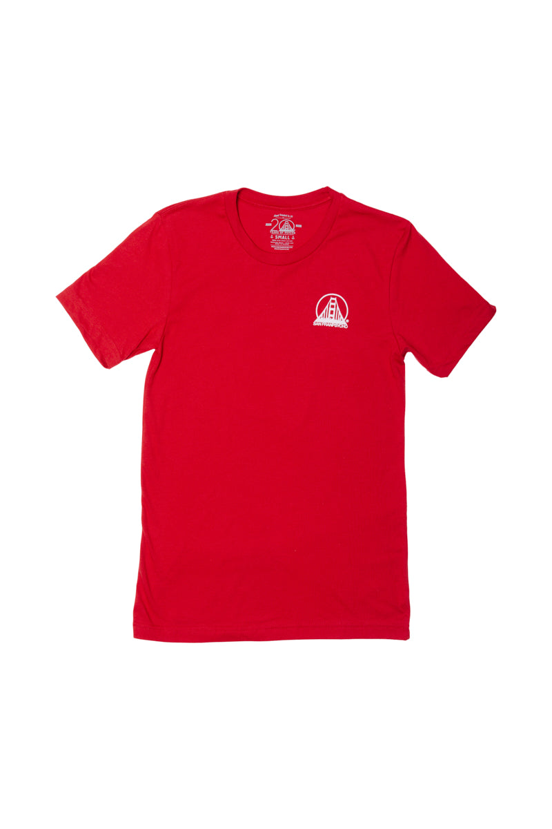 Hand-printed Red & Gold Street Skull Tee crafted from cotton, featuring a small white chest logo depicting a building and a triangle.
