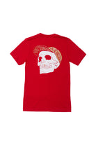 Made from high-quality cotton, the Red & Gold Street Skull Tee showcases an impressive red design with a prominent white skull graphic and vibrant yellow hand-printed text on the back.