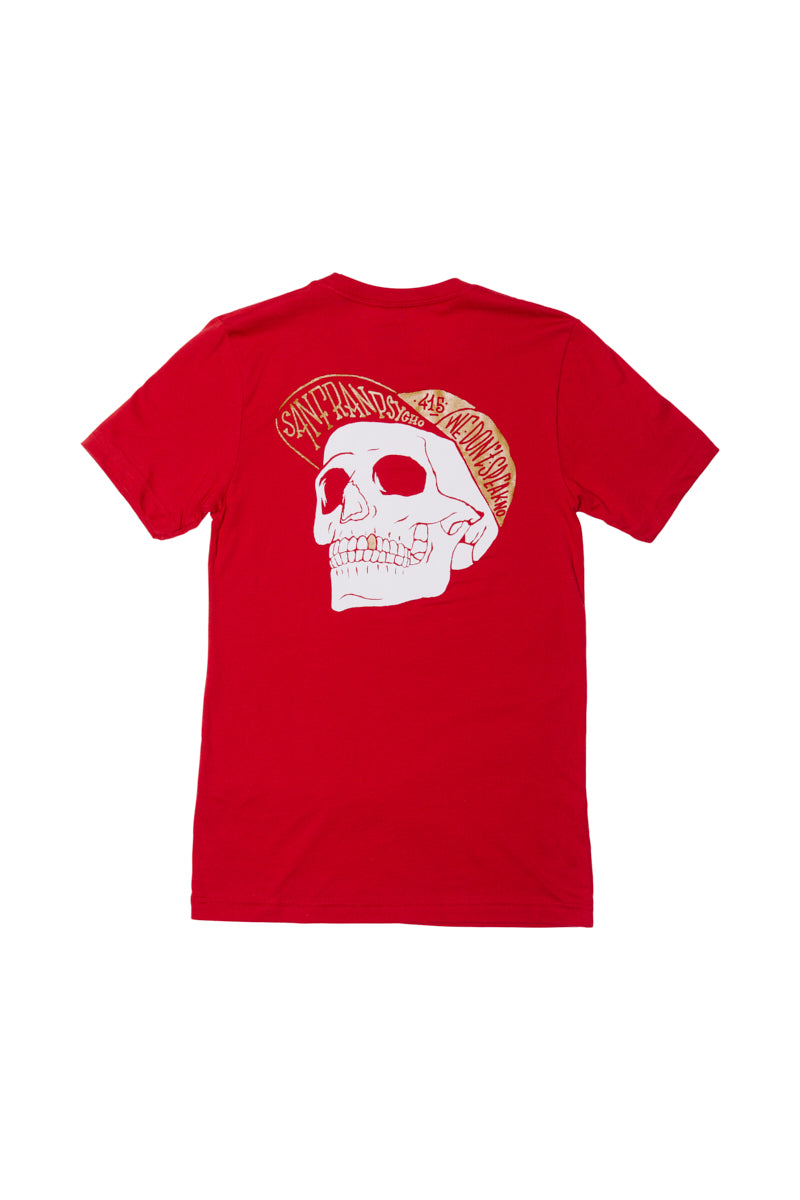 Made from high-quality cotton, the Red & Gold Street Skull Tee showcases an impressive red design with a prominent white skull graphic and vibrant yellow hand-printed text on the back.