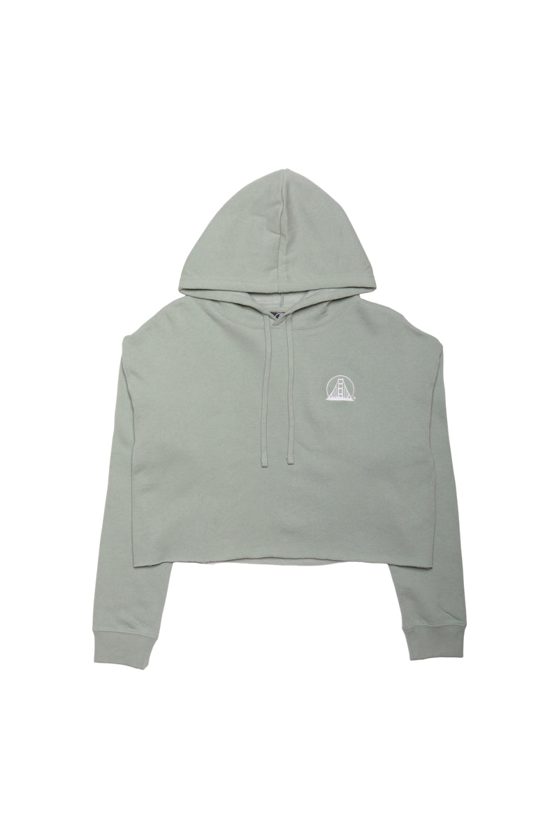 Sage Embroidered Logo Crop Hoodie with hood and drawstrings, featuring a small white San Franpsycho logo on the left chest.