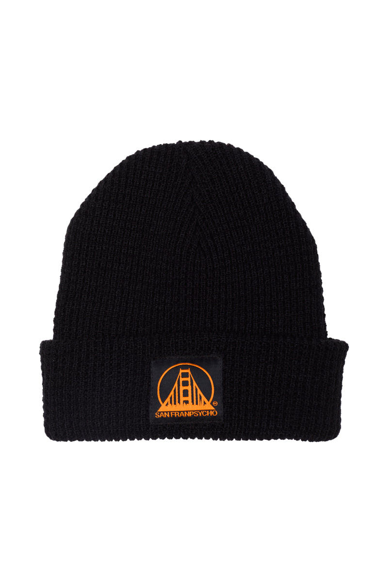 Black Waffle Beanie showcasing a black and orange SFP logo, highlighted by an orange bridge design and "SAN FRANCISCO" text on a black patch.