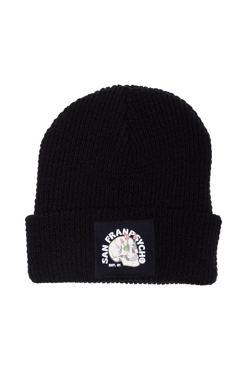 Black Waffle Beanie w/ Shroom Skull featuring a white San Franpsycho patch with the iconic Shroom Skull Logo and text on the front cuff.