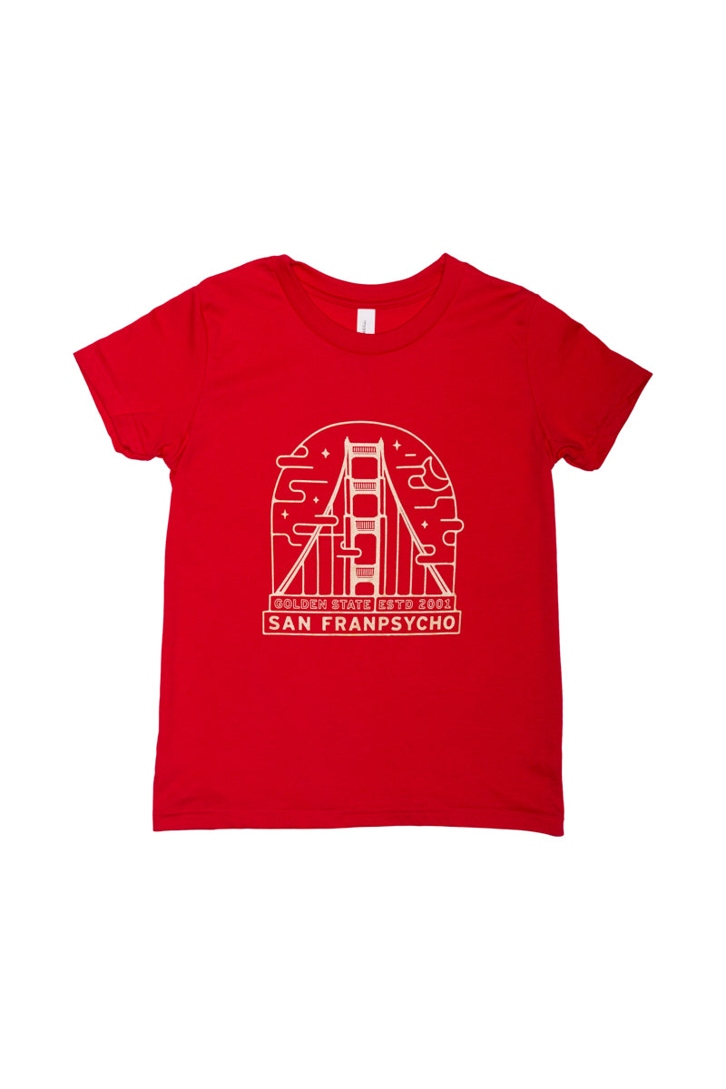 The Red & Gold Youth Fogtown Tee, hand-printed in San Francisco, showcases a line art design of the Golden Gate Bridge accompanied by "San Franpsycho" text. Made from 100% cotton, this t-shirt is part of our red and gold youth tees collection.
