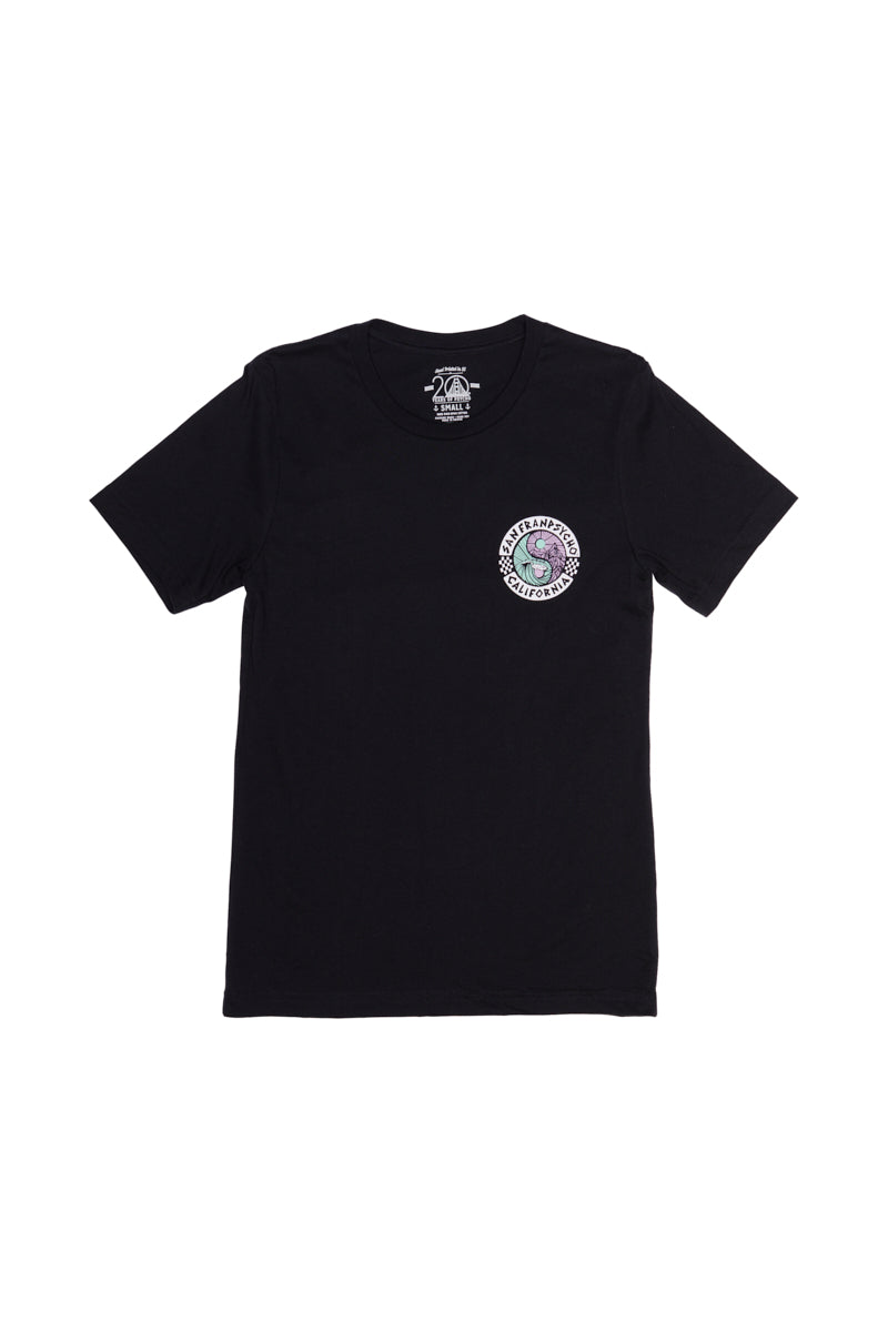 Yin-Yang Tee - Vintage Black is made from luxurious Airlume cotton and features a small, colorful circular logo on the chest, making it an ideal piece for adding a subtle 80s-inspired flair to your wardrobe.