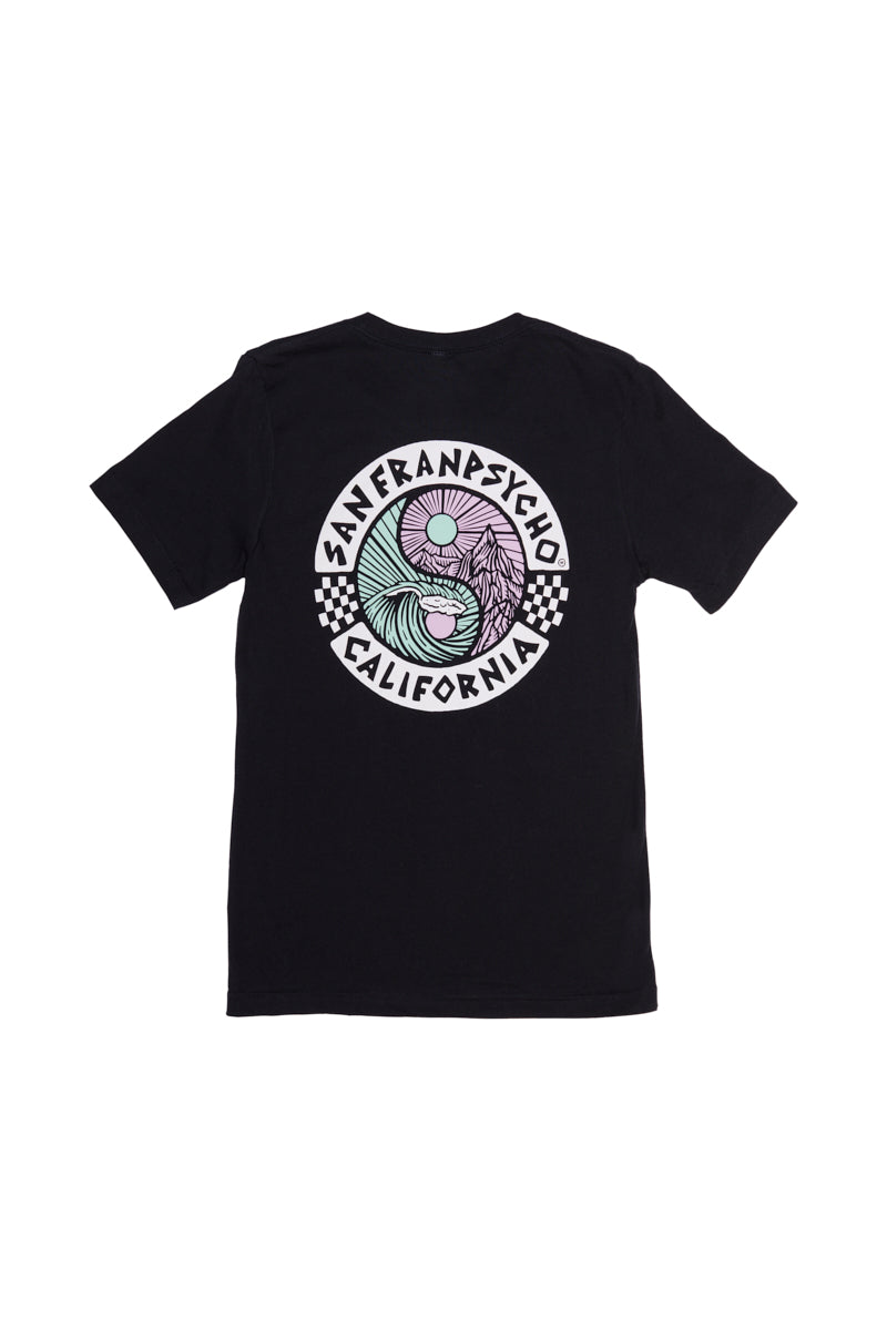 The Yin-Yang Tee - Vintage Black is made from soft Airlume cotton and features a vibrant circular graphic on the back with San Franpsycho California text. This T-shirt is part of our 80s-inspired collection, combining vintage style with modern comfort.