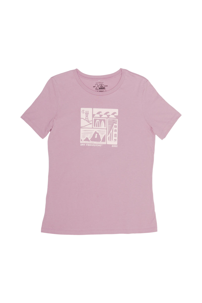 Pink Women's Carved Waves Tee featuring a graphic design with abstract elements and San Francisco text, from the 80s-inspired Spring 2024 collection.