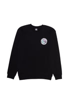 From the Spring 2024 collection, the black Yin-Yang Crewneck sweatshirt showcases a small circular graphic on the chest with a wave pattern and white text.