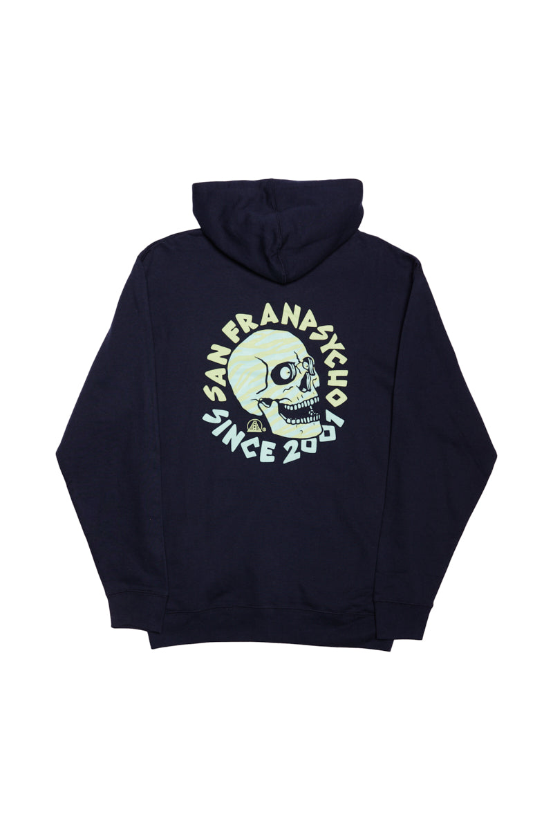 The Zebra Skull Zip-Up Hoodie from the Spring 2024 collection is a unisex black hoodie with a striking skull logo and “SAN FRANSYCHO SINCE 2009” text on the back, offering a perfect blend of style and attitude.