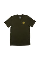 Introducing the Breakers Tee for Spring/Summer 2024: a sleek dark green t-shirt made from high-quality Airlume cotton, highlighted by a subtle yellow logo on the chest set against its sophisticated plain backdrop. Ideal for achieving both comfort and effortless style this season.