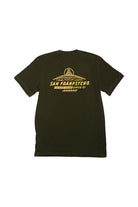 Check out the back view of the dark green Breakers Tee, crafted from soft Airlume cotton. It boasts a yellow San Franpsycho design and text, making it perfect for Spring/Summer 2024 vibes.