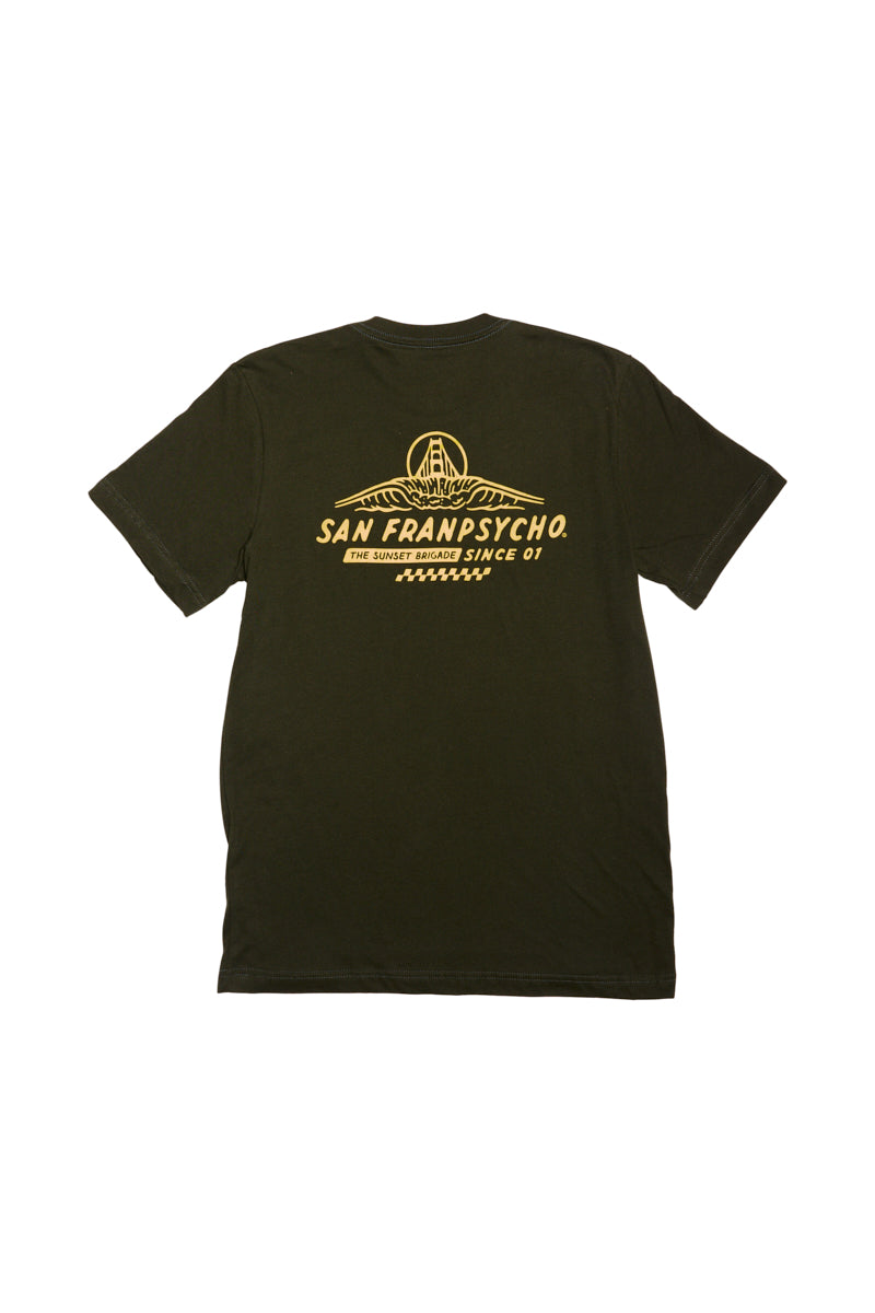 Check out the back view of the dark green Breakers Tee, crafted from soft Airlume cotton. It boasts a yellow San Franpsycho design and text, making it perfect for Spring/Summer 2024 vibes.