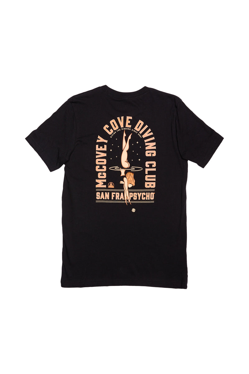McCovey Cove Diving Club Tee: A black shirt featuring a diver illustration and McCovey Cove Diving Club San Francisco logo on the back, made from 100% cotton. Ideal Giants apparel for fans eager to display their style and support.