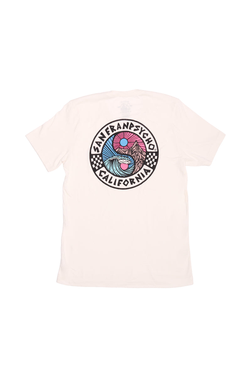 White Yin-Yang Tee with a colorful spiral and Sanfranpsycho California text on the back, part of the 80s-inspired Spring 2024 collection.