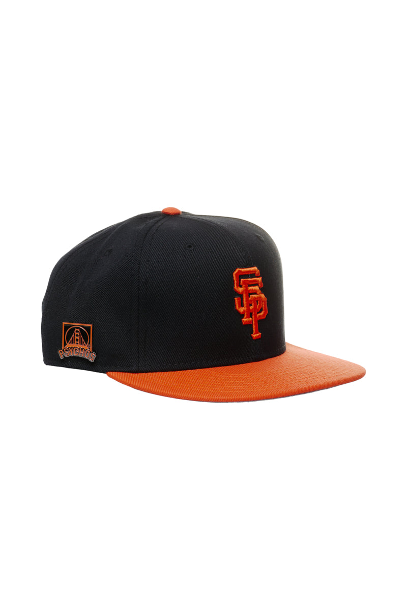 Introducing the Psychos Logo Snapback w/Pin: a stylish black and orange snapback baseball cap that showcases an embroidered SF logo on the front, designed with an adjustable back to ensure the perfect fit.