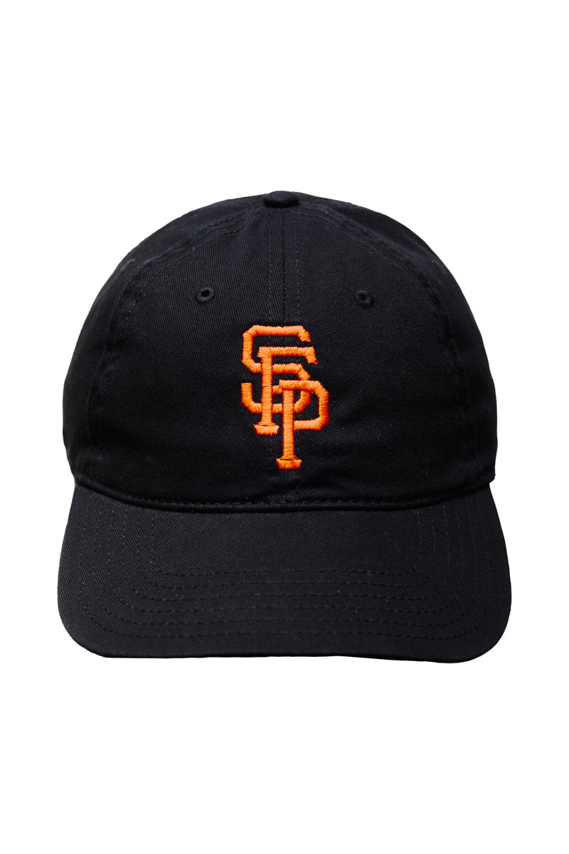 Psychos Dad Hat in black and orange, featuring an embroidered logo with interlocking S and F letters on the front. This stylish cap includes an adjustable back for a perfect fit for any head size.