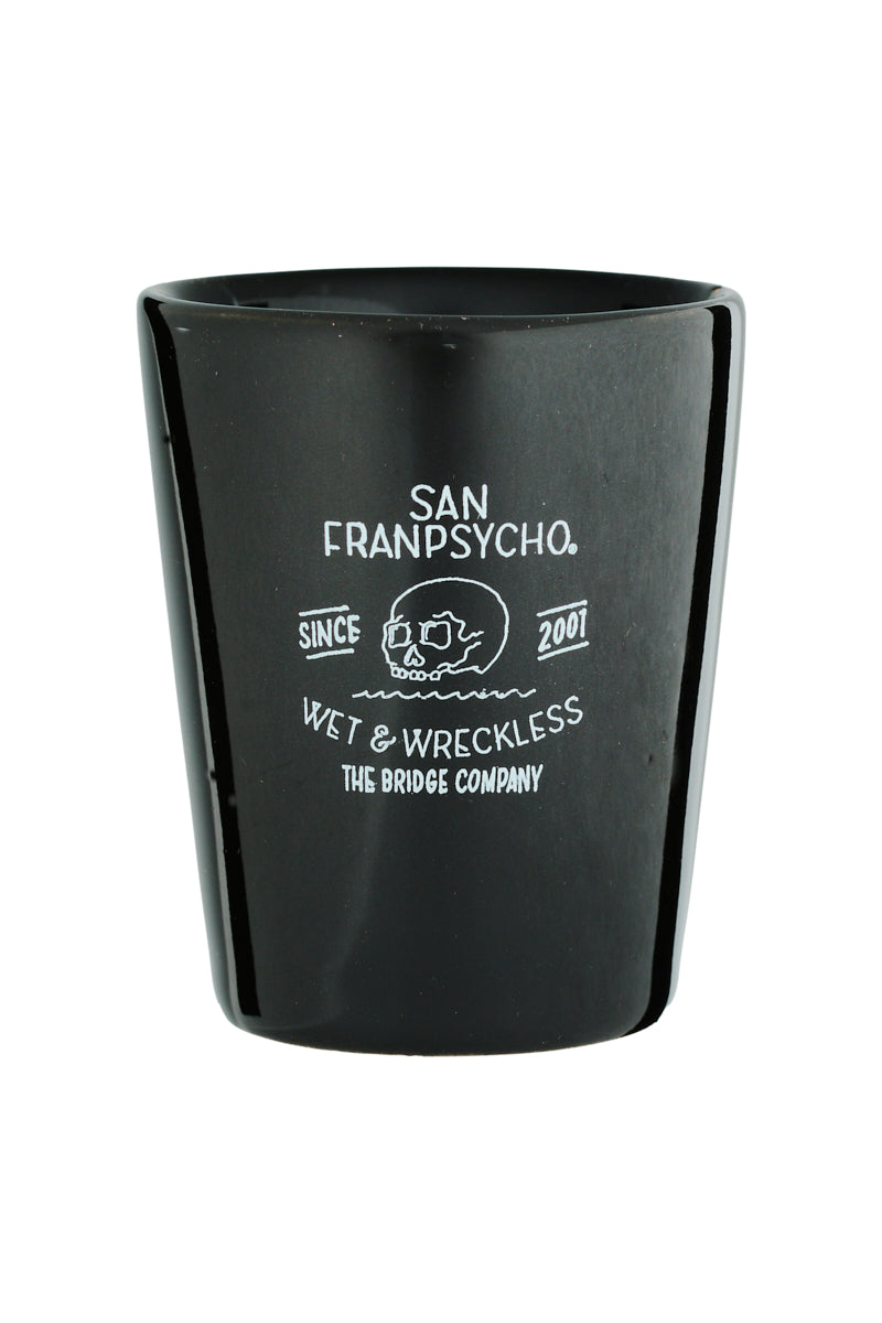 The Wet & Wreckless Shot Glass features the iconic San Franpsycho text and a bold skull graphic, embodying style and boldness with every sip.