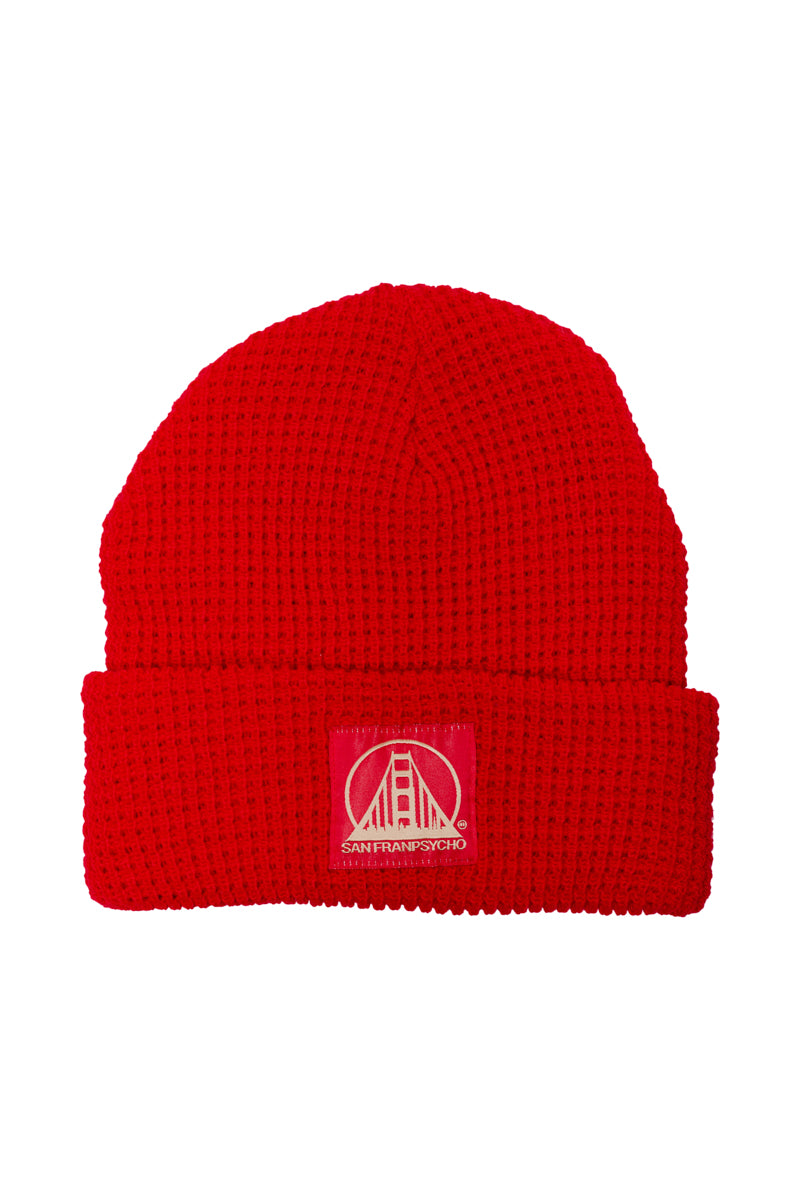 Red Waffle Beanie with a red and gold logo patch featuring a bridge and San Franpsycho text.