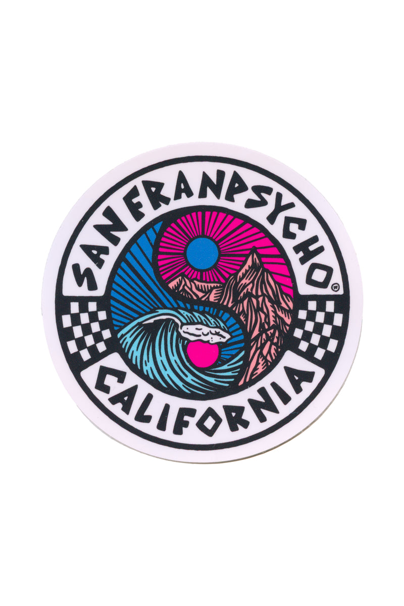 The Yin-Yang Sticker is a circular logo with the text "San Franpsycho California" and features a weatherproof vinyl sticker design incorporating waves and mountains.